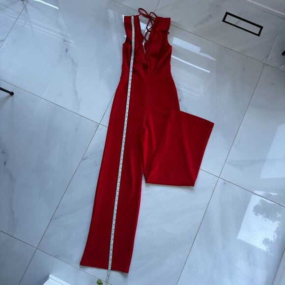 Crave Fame | Red Jumpsuit | Medium | Ruffle Plunge Neckline | Wide Leg - Picture 10 of 16